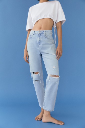 БРЮКИ ZARA MOM FIT, СИНИЕ, ДЫРКИ 36/S
