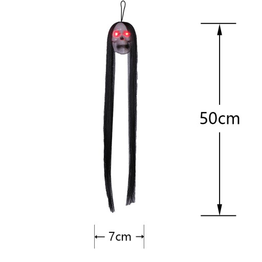 WISZĄCA ŚWIECĄCA GŁOWA CZASZKA LED WŁOSY DEKORACJA OZDOBA NA HALLOWEEN 50cm