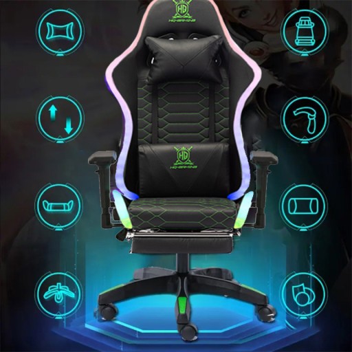FOTEL GAMINGOWY DLA GRACZA OBROTOWY PODNÓŻEK PODUSZKI RGB LED + PILOT