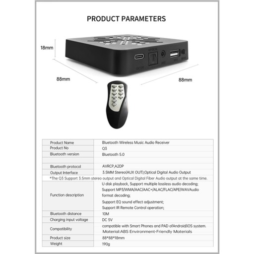 Высококачественный цифровой аудиоресивер BT5.0 с оптическим разъемом AUX и разъемом 3,5 мм