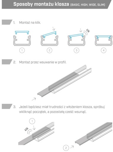 Klosz klik do profil aluminium SOLIS 3m mleczny