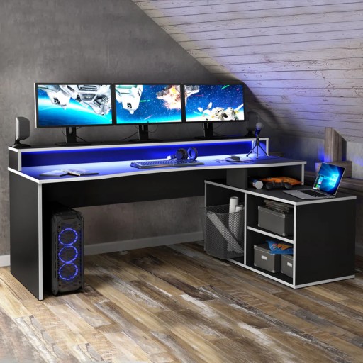 Черно-белый игровой стол, большая полка, 200 см, 2 м, полка SUPERNOVA214 LED