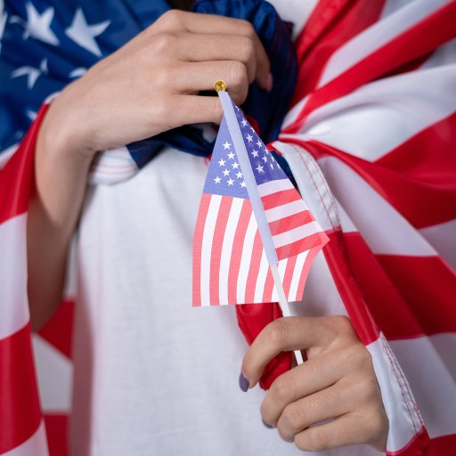 ФЛАГ СОЕДИНЕННЫХ ШТАТОВ США ДЕРЖАТ В РУКАХ ФЛАГИ
