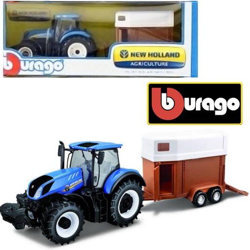 Traktor Ciągnik New Holland T7315 z przyczepą dla koni 1/32 BBurago 44069