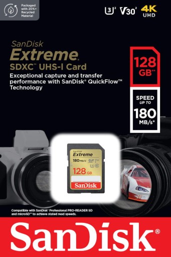 SANDISK EXTREME SDXC 128 ГБ 180/90 МБ C10 V30 UH