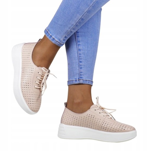 DAMSKIE PÓŁBUTY SNEAKERSY AŻUROWE ZE SKÓRY NA KOTURNIE RÓŻOWE PASTELOWE