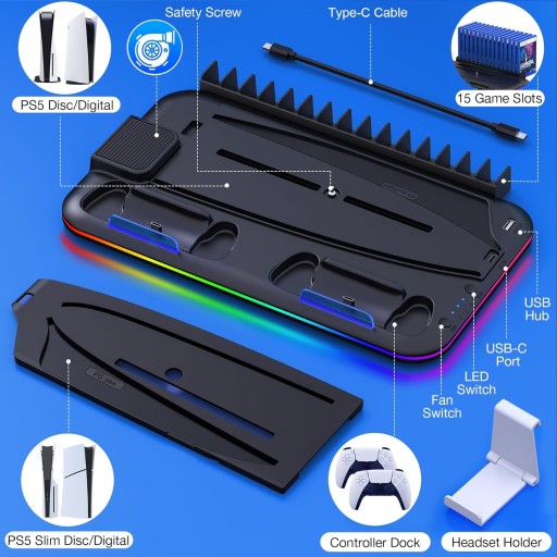 ЗАРЯДНАЯ СТАНЦИЯ ОРГАНАЙЗЕР RGB ДЛЯ DualSense+PS5/PS5 SLIM 2023 ОХЛАЖДАЮЩИЙ ВЕНТИЛЯТОР