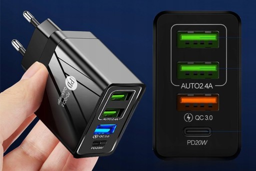 Сетевой адаптер для телефона и планшета с поддержкой QC 3.0. 3 порта USB + PD Type-C с кабелем 5-в-1