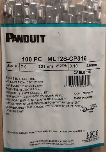 Стяжки металлические PANDUIT 201х4,6 мм MLT2S-CP316 - 100 шт.