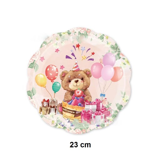 Talerzyki Jednorazowe MIŚ Tort Balony talerze papierowe URODZINY 23cm 8 szt