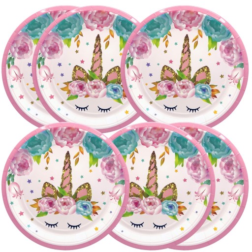 TALERZYKI papierowe 18cm JEDNOROŻEC RÓŻOWY UNICORN KWIATY 6 sztuk