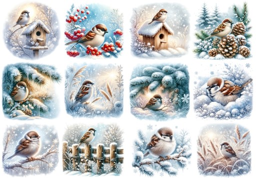 Papier klasyczny A4 decoupage Artando Ptaki ptaszki wróbelki budki zima