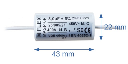 Конденсатор для двигателя 8мкФ 450В MIFLEX МКСП-6П