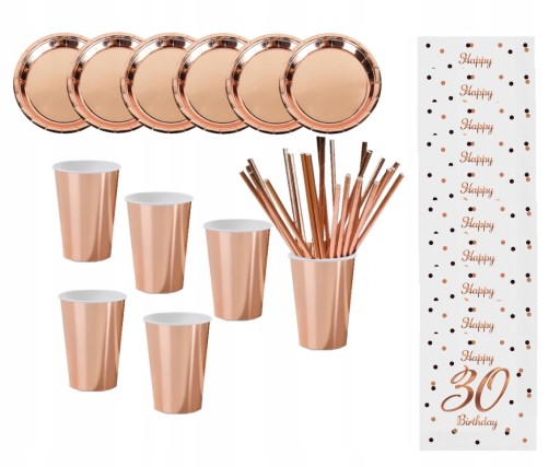 Zestaw kubki talerzyki trzydziestka 30 urodziny rose gold metalic serwetki