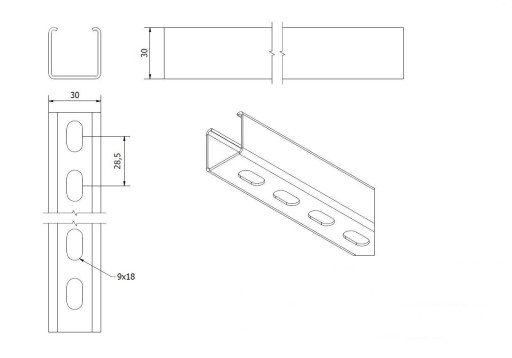 Перфорированная консоль кронштейна Szyna T 30x30x150 мм