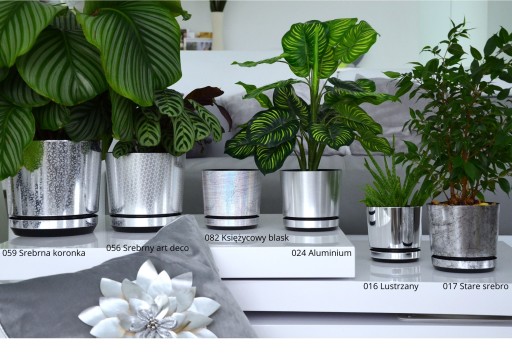 16 cm Doniczka z podstawką SREBRNY ART DECO piękny wzór z połyskiem glamour