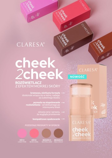CLARESA ROZŚWIETLACZ W SZTYFCIE Cheek2Cheek PEARL SHINE EFEKT MOKREJ SKÓRY