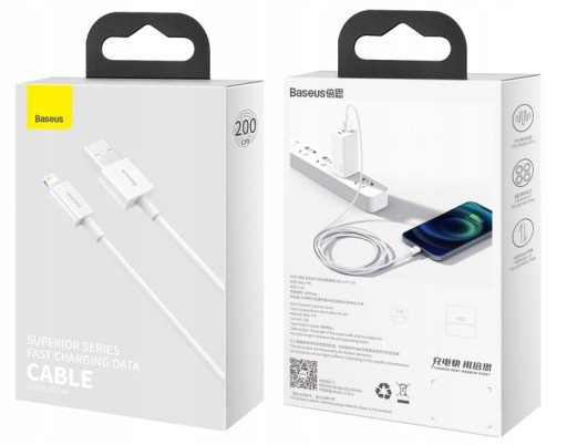 MOCNY KABEL PRZEWÓD BASEUS USB DO IPHONE 6 7 8 X XS 11 12 13 14 2M SZYBKI