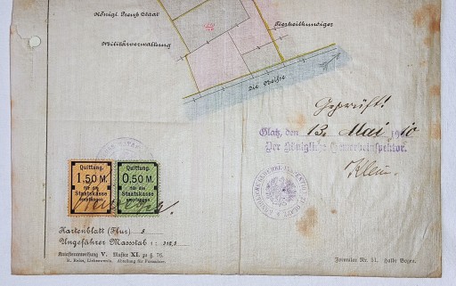 КАДАСТРОВЫЙ ЧЕРТЕЖ ПЛАНА ГЛАЦ КЛОДЗКО 1910 ГОДА КАЗНИЧНЫЕ МАРКИ ПЕЧАТИ