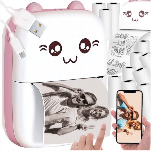DRUKUŚ MINI DRUKARKA TERMICZNA MINI KOT DO ZDJĘC NAKLEJEK 11 SZT ROLEK
