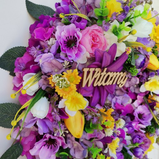 Wianek wiosenny letni ślubny powitalny WITAMY drzwi 45cm KROKUSY kwiatki