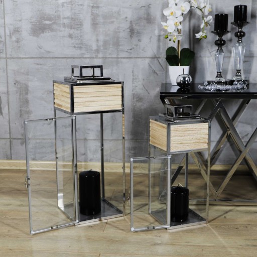 Duża srebrna latarnia lampion chrom+drewno 2w1 68c