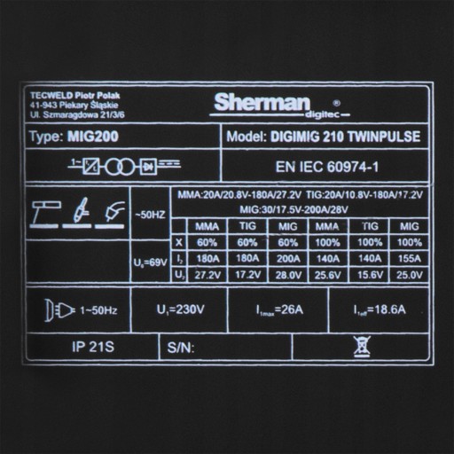 SPAWARKA MIGOMAT SHERMAN MIG 210 TWINPULSE MAG MMA TIG ALUMINIUM 230V 200A