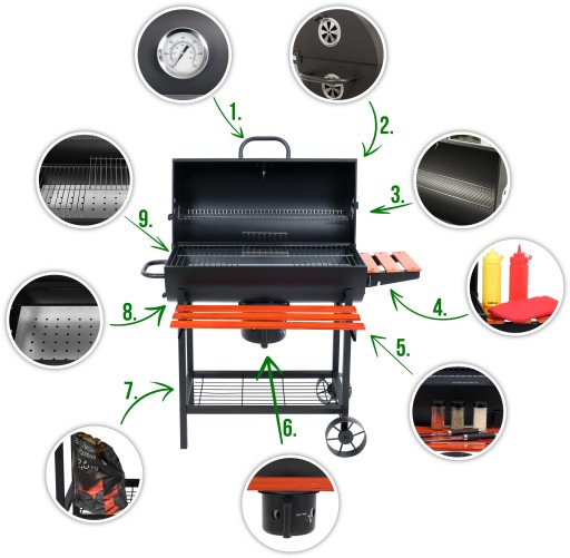 GRILL WĘGLOWY DUŻY OGRODOWY Z POPIELNIKIEM 3 PÓŁKI