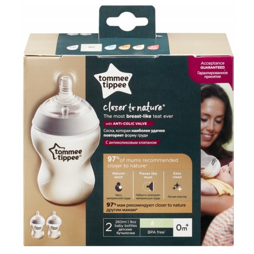 TOMMEE TIPPEE АНТИКОЛИЧЕСКАЯ БУТЫЛКА 2 x 260 мл ДОВОДЧИК