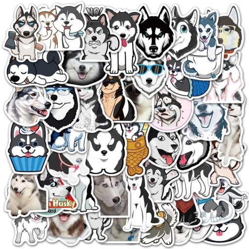 WLEPY HUSKY PIESKI MIX NAKLEJKI WODOODPORNE 50 szt