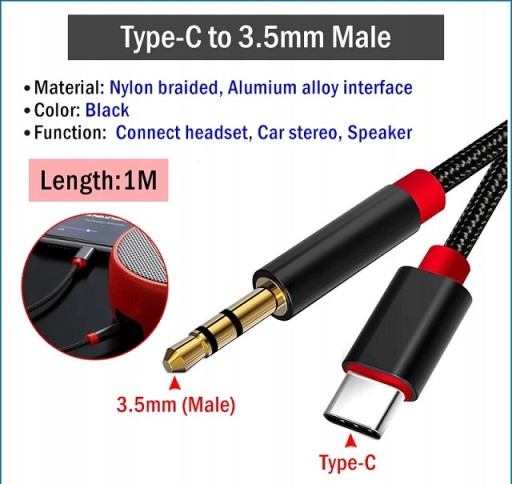 Kabel USB-C 3.1 do Jack 3,5mm Aux Audio 1M