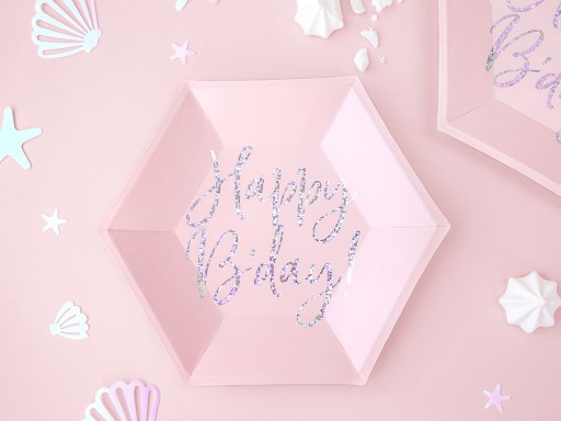 Talerzyki papierowe RÓŻOWE na urodziny HAPPY B'DAY 20 cm 6 szt