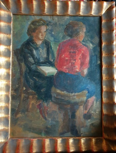 Старая, ценная, интересная, хорошая картина, написанная маслом, — портрет читающей женщины в золотой раме
