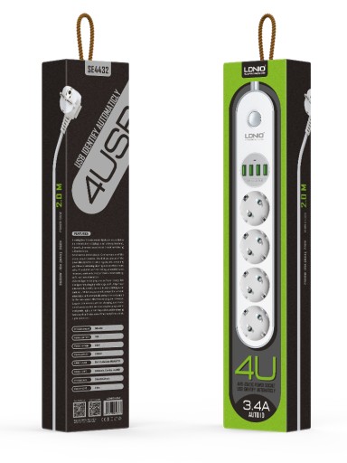 Удлинитель LDNIO SE4432 4 РОЗЕТКИ 4 USB