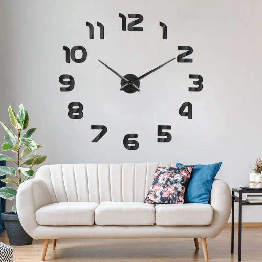 ZEGAR ŚCIENNY DIY DUŻY CICHY NAKLEJANY NA ŚCIANĘ 3D CZARNY LUSTRZANY 65-120