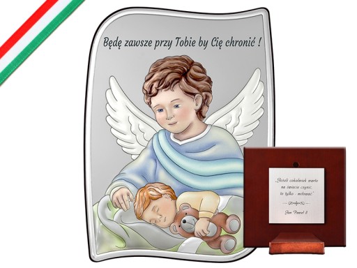 Srebrny kolorowy obraz z Aniołem 7,5x10cm chrzest prezent Chrzest Komunia