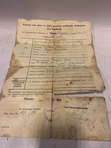ДОКУМЕНТ ПАЯЧНО ПОД ВЕЛЮНЬЮ ВЫДЕРЖКА ИЗ СВИДЕТЕЛЬСТВА О РОЖДЕНИИ 1944 ГОДА