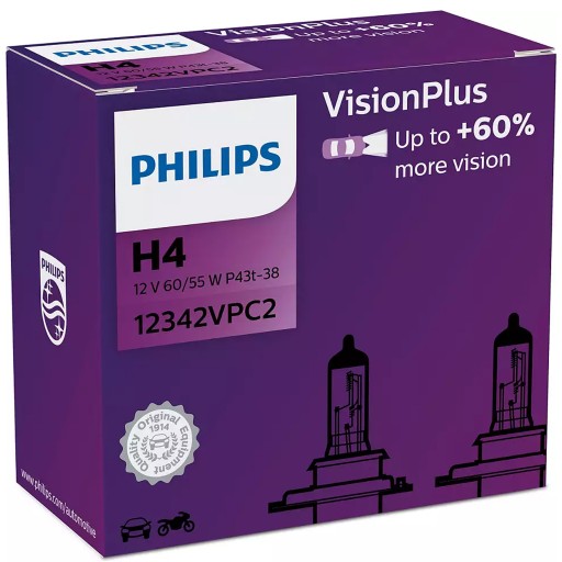 Лампы Philips 2xH4 VisionPlus на 60 % больше света