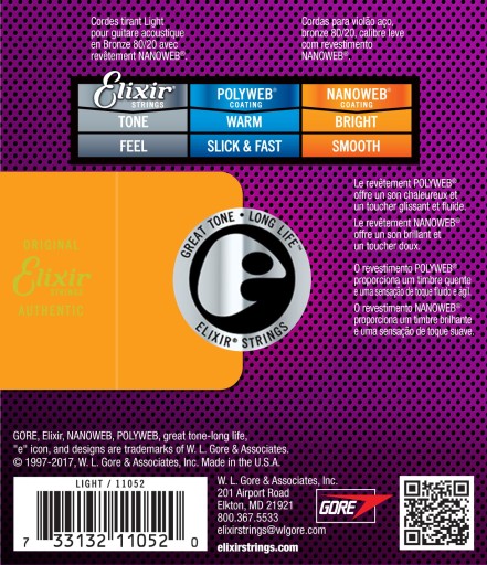 Elixir 11052 80/20 Бронзовые струны для акустической гитары NANOWEB 12-53