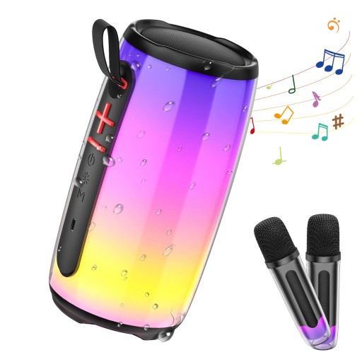 Mini sprzęt do karaoke z 2 mikrofonami, kolorowymi światłami, głośnikiem TWS, czarny