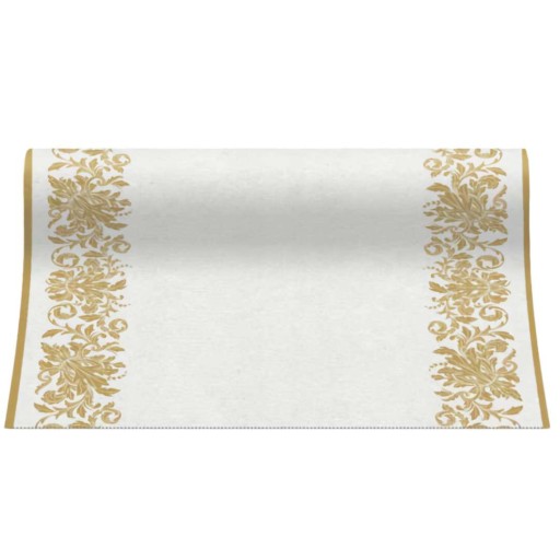 BIEŻNIK fizelinowy ORNAMENT obrus na ławę stół BIAŁY ZŁOTY 40CM X 5MB