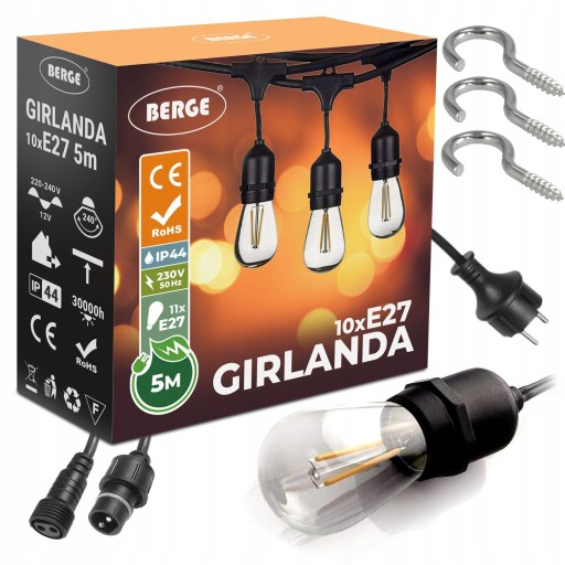 Girlanda Świetlna Ogrodowa 5m + 11x Żarówki LED 1W Zewnętrzna Wodoszczelna
