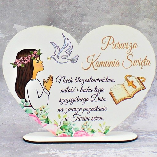 Komunia Święta Stojak Serce z Życzeniami Upominek dla Dziewczynki
