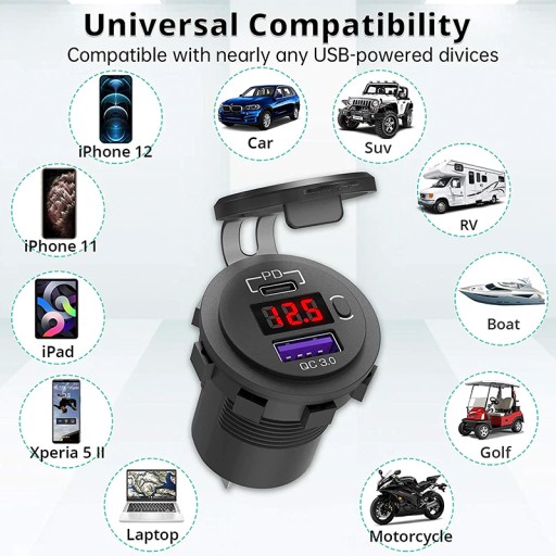 USB QC 3.0 + USB C 63 Вт, монтажная розетка 12–24 В