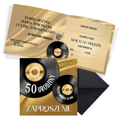 Zaproszenia na 50 Urodziny Gramofon Z13_06 Czarna Koperta