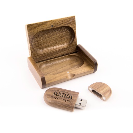 Pendrive Drewniany - Orzech 64 GB + Box + Grawer IMIĘ