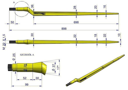 Ząb ładowacza uniwersalny Z L- 880 mm zastosowanie 5193-FT88N Tur WARYŃSKI
