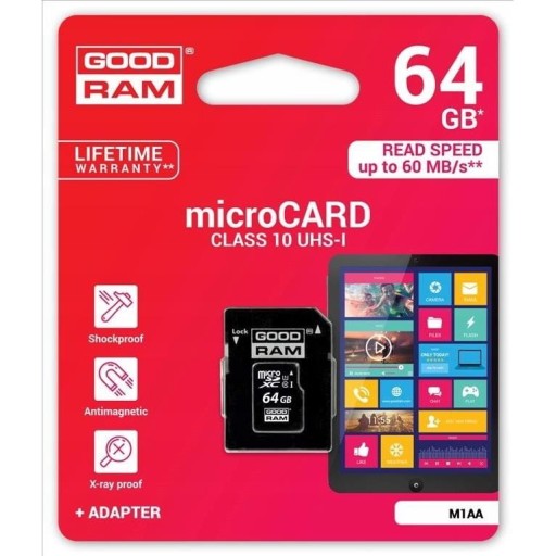 Карта памяти Goodram Microcard 64 ГБ micro SD XC UHS-I класса 10, адаптер S