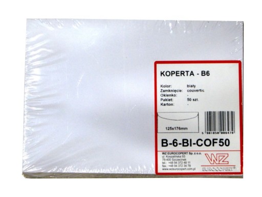 Конверт B6 белый неклееный WZ 50 шт. B-6-BI-COF50.