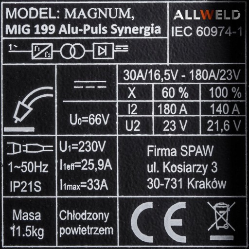 ПОЛУАВТОМАТИЧЕСКИЙ СВАРОЧНЫЙ АППАРАТ MAGNUM MIG 199 ALU SYNERGIA MAG MMA TIG 230В 180А